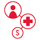 an icon of three connected circles with the outline of a person, a red cross and a dollar sign