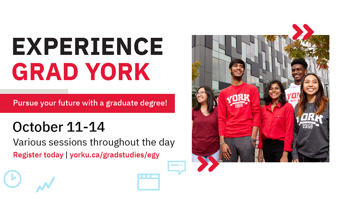 composite image of a photo and text promoting Experience Grad York with the photo illustrating a diverse group of students