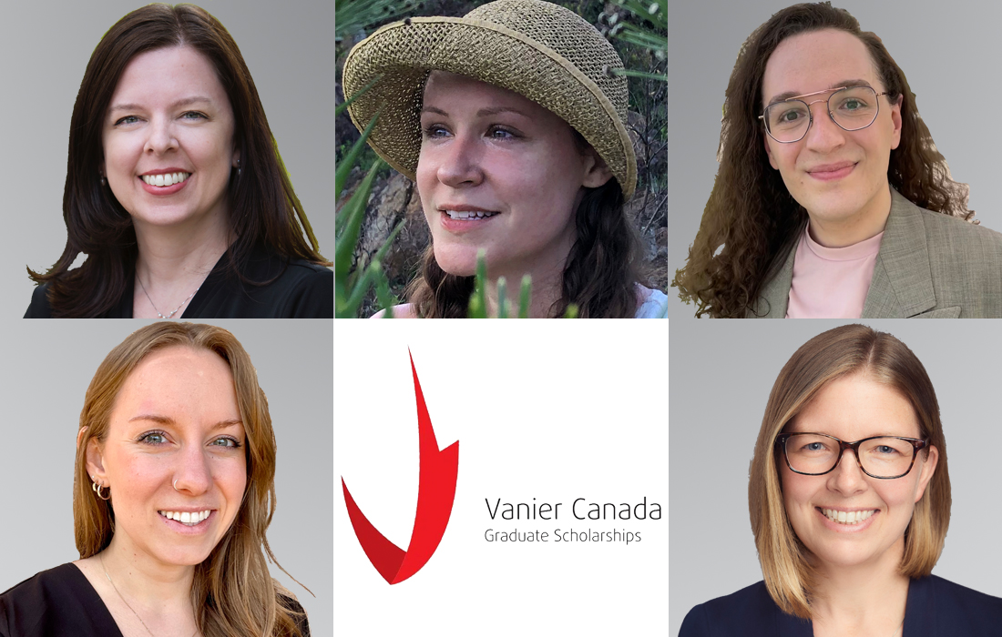 composite image with Vanier Graduate Scholarships logo and five head shots celebrating the 2022 PhD recipients
