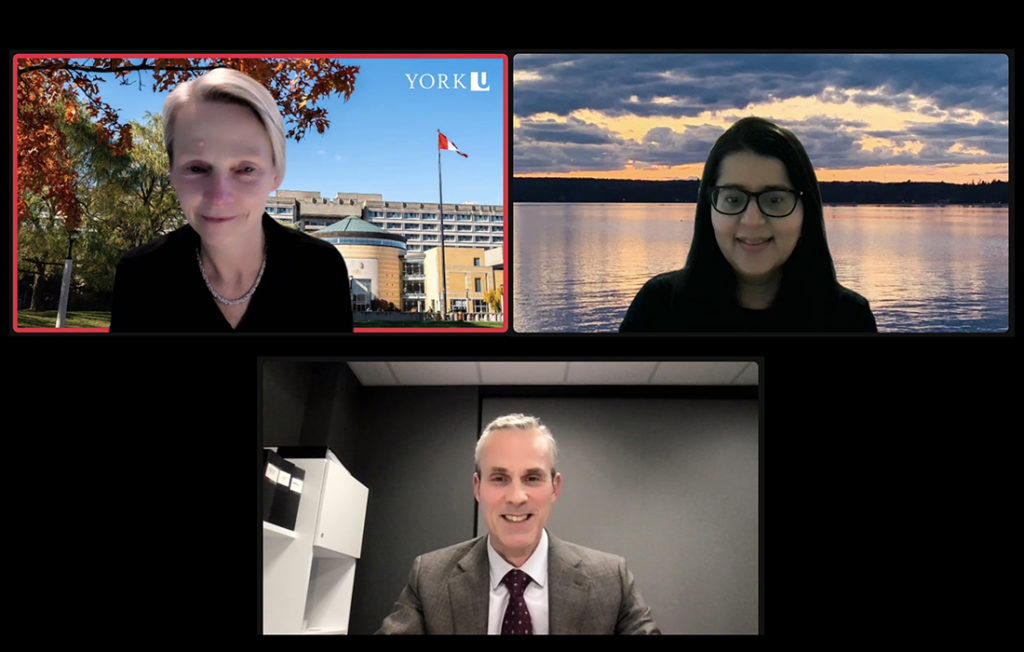 Screen shot of the Council meeting with Provost Lisa Philipps, Dean Thomas Loebel and Professor Sapna Sharma