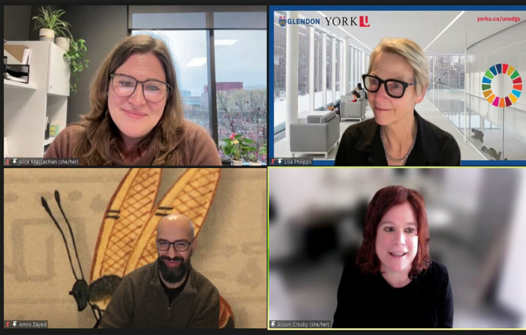 Screenshot of the Council meeting with Vice-Provost & FGS Dean Alice MacLachlan, Provost & Vice-President Academic Lisa Philipps, Professor Amro Zayed, and Professor Alison Crosby