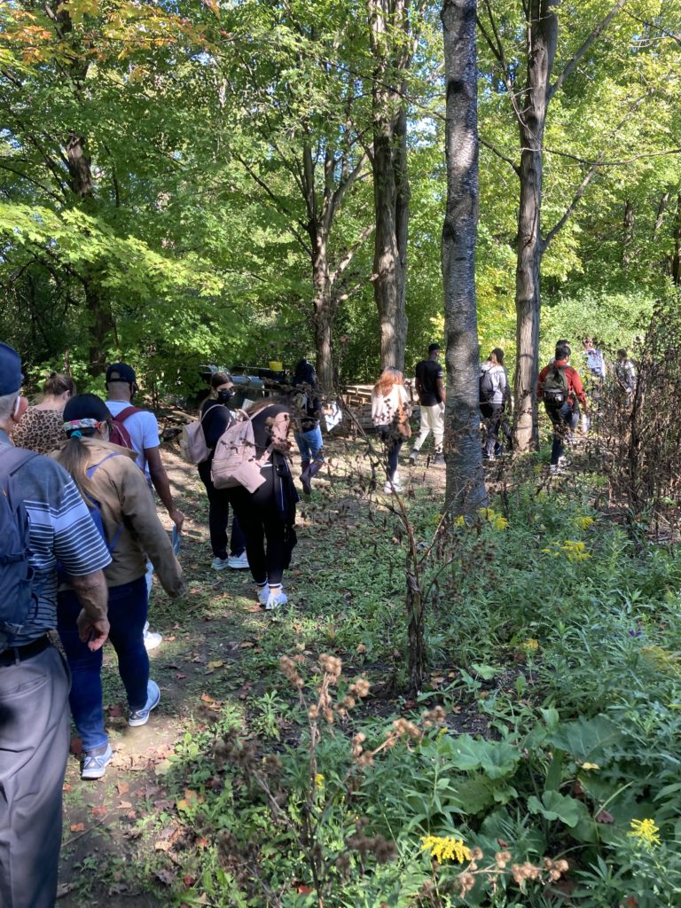 Photo of students walking through a forest on a trail; they are visible from behind.