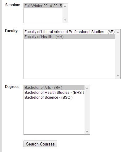 Screenshot of the Registrar's Office Courses web site search options.
