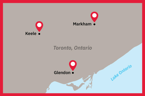 Map of Toronto and location of York's 3 campuses