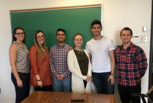 Lab Photo:  Lauren Tristani, Victoria Larocca, Syed Ali, Dr. Bassett-Gunter, Khalad Maliyar and Robert Ruscitti (missing, Luma Ayyoub). 