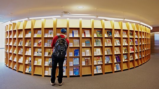 student looking at library book shelf