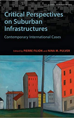 Book cover with the title at the top half in black background and a cartoon image of buildings at the bottom half