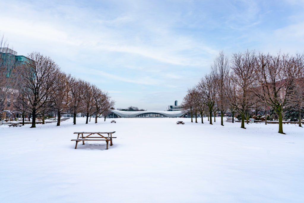 A picnic table in a winter landscape