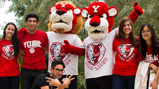 group of students pose with the York University mascots during orientation.