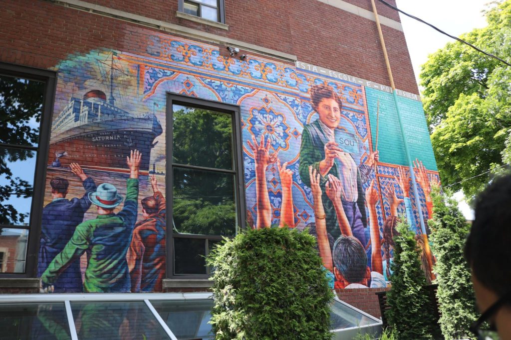 mural on the side of the building at Camoes Square in Toronto