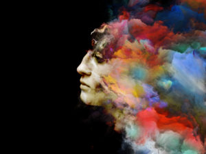 Surreal female portrait blended with vivid colors on the subject of imagination, creativity and design