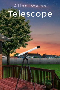 A telescope on a patio with a sunset in the background.