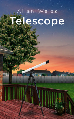 A telescope on a patio with a sunset in the background.