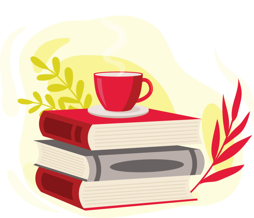 three books and tea cup on top