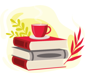 three books and tea cup on top