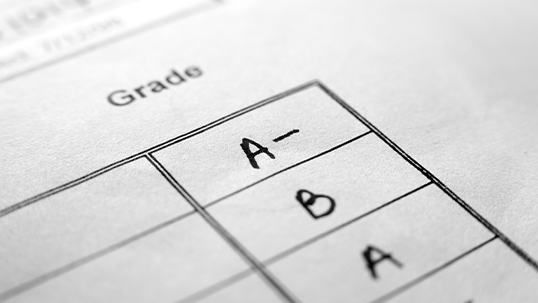 A final column in a chart on a printed paper titled grades. A-, B, and A have been written in the rows.