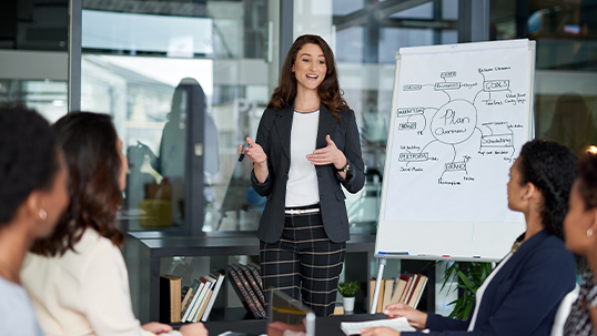 young professional woman presenting to her peers at planning meeting