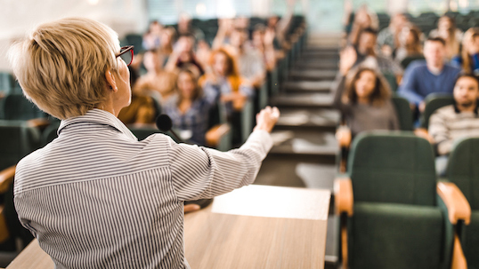 Rear view of mature teacher giving a lecture in a classroom