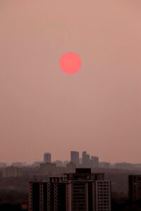 Skyscrapes on the pink cloudy day