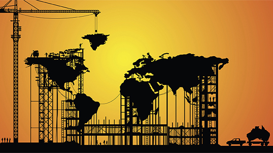 illustration of world map being held up by construction scaffolding