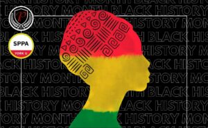Black History Month poster of a colourful silhouette of a woman's head and neck