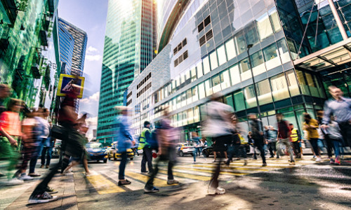 busy downtown street, financial district