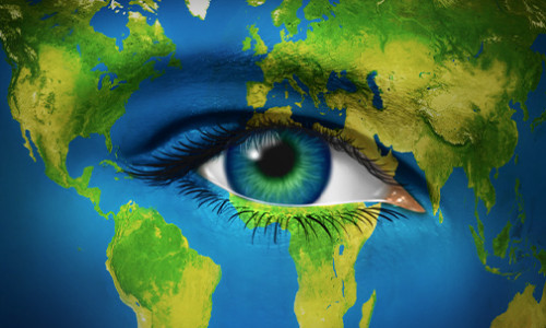 Global Political Studies illustration of a blue-green eye in a blue-green map of the world