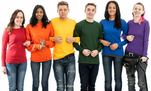 Human Rights & Equity Studies group of diverse people in pride coloured sweaters