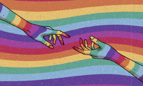 Certificate in Sexuality Studies illustration of two hands reaching for each other and pride colours in the background