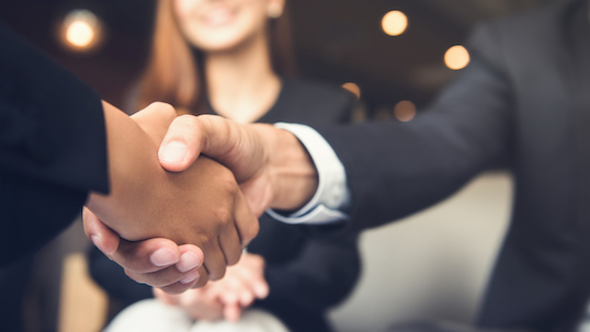 Two people in business attire shaking hands