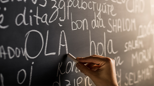 chalk board with hello written in different languages