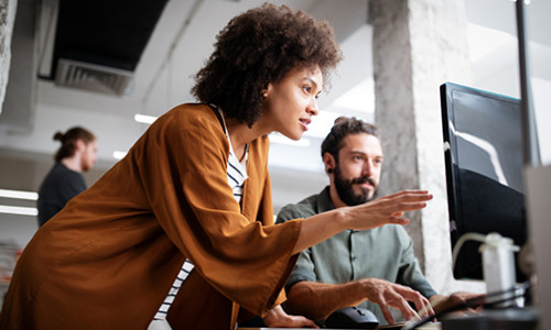 young black female IT professional helping her colleague