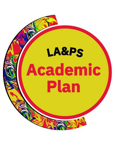 Original digital art featuring the text "LA&PS Academic Plan" in yellow circle with a red border. A multicolour semi circle borders the left side of the circle.