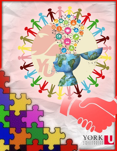 Original multimedia composite art featuring a collage of images representing the academic plan. The York University logo is featured as is the YU Lion logo