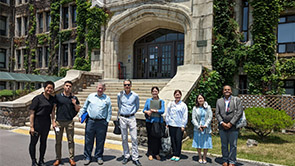 Conference participants outside of the venue. From left to right: Two Yonsei University students; La Trobe University Adjunct Professor Nicholas Morris; York University Professor Ian Roberge; two Yonsei University students; Yonsei University Professor Nara Park; and Jawad Hussain Qureshi, Privy Council Office, Government of Canada