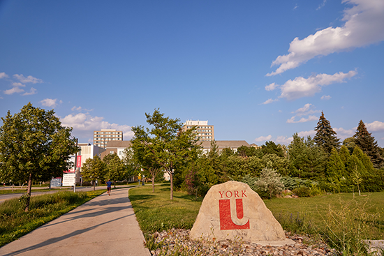 An image of a rock with the York logo on it in red. Keele campus is in the background. 