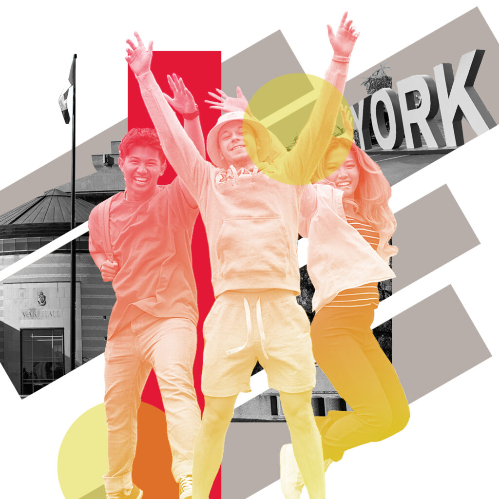 Graphic design cut out of students jumping with their arms up, with black and white photos of York University in the background.