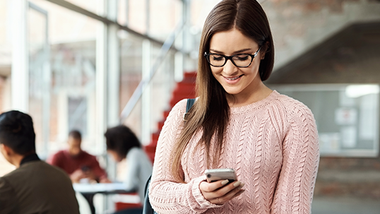 Smartphone, internet and student in campus study hall