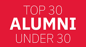 Red background, with white words "Top 30 Alumni Under 30"