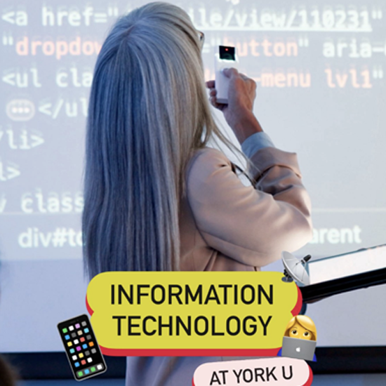 A person stands in front of a projected computer code display, holding a small device, with overlaid text reading “Information Technology at York U.”