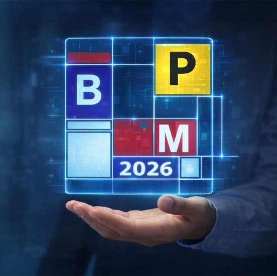 Promotional graphic displaying the letters “BPM 2026” in colorful blocks floating above an outstretched hand against a blue technology-themed background.
