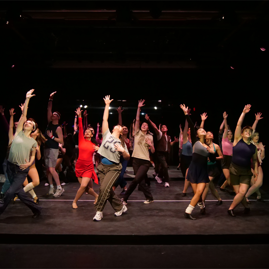 Performers on a theatre stage take part in a choreographed dance number, moving in unison under stage lighting.