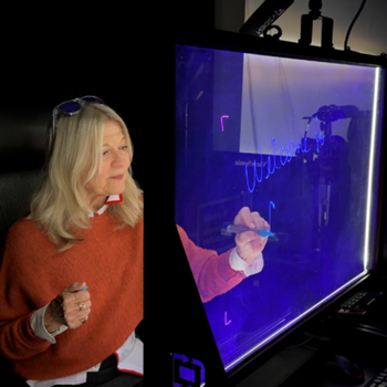Person writes on a transparent digital display in a media production studio