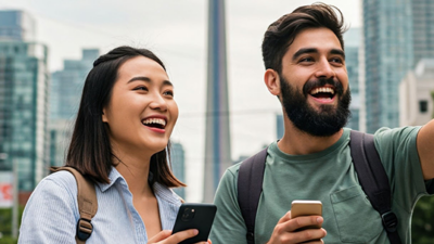 Man and woman using app