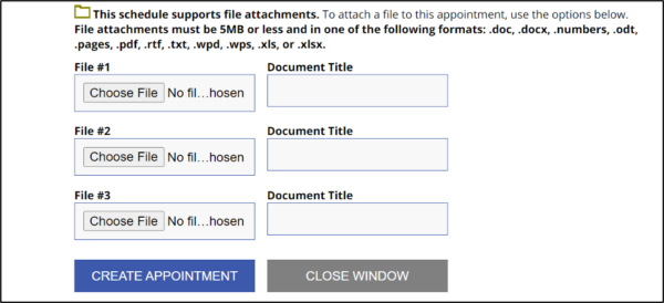 Appointment form where students can add additional documents