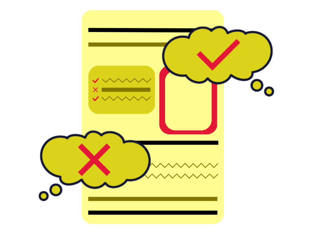 yellow box, with two thought clouds overlaid, one with an X, the other with a check mark