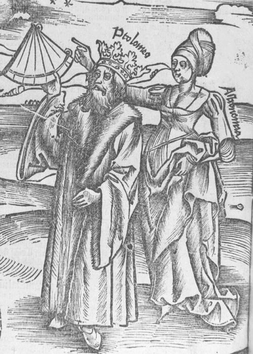 Ptolemy observing the stars with a quadrant, guided by Astronomy<BR>From the Whipple Library, Cambridge University
