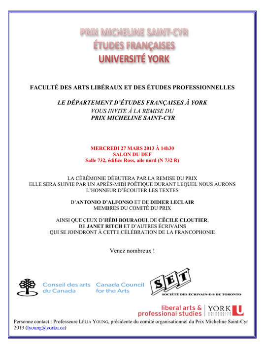 Micheline Saint-Cyr Award ceremony flyer