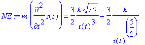 NE := m*diff(r(t),`$`(t,2)) = 3/2*k*sqrt(r0)/(r(t)^...