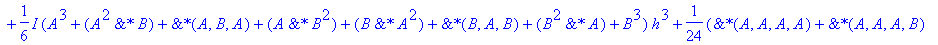 1-I*(A+B)*h-1/2*(A^2+`&*`(A,B)+`&*`(B,A)+B^2)*h^2+1/6*I*(A^3+`&*`(A^2,B)+`&*`(A,B,A)+`&*`(A,B^2)+`&*`(B,A^2)+`&*`(B,A,B)+`&*`(B^2,A)+B^3)*h^3+1/24*(`&*`(A,A,A,A)+`&*`(A,A,A,B)+`&*`(A,A,B,A)+`&*`(A,A,B,...